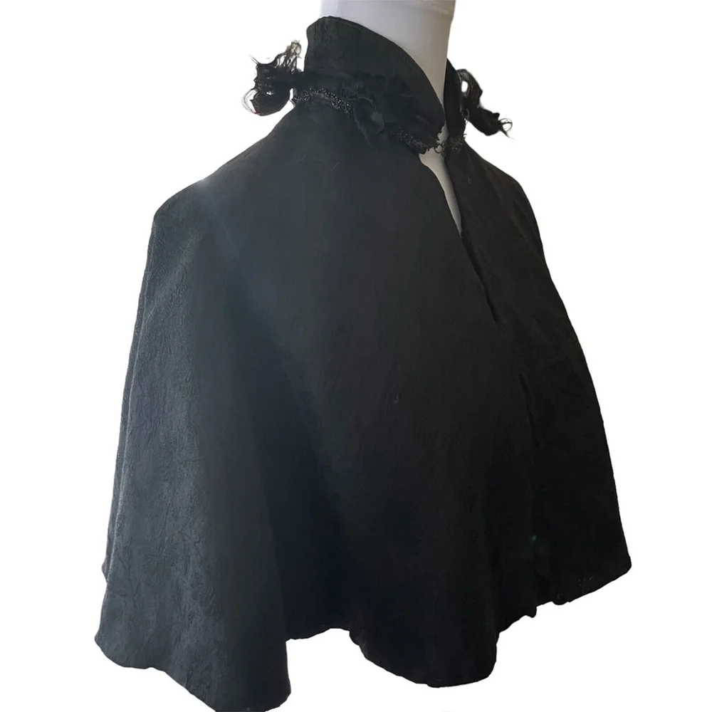 Victorian Edwardian Black Brocade Cape Feather Beaded